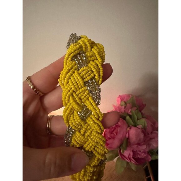 Seed Bead Woven Statement Necklace, Yellow-Silver, 17 inches - Picture 3 of 6